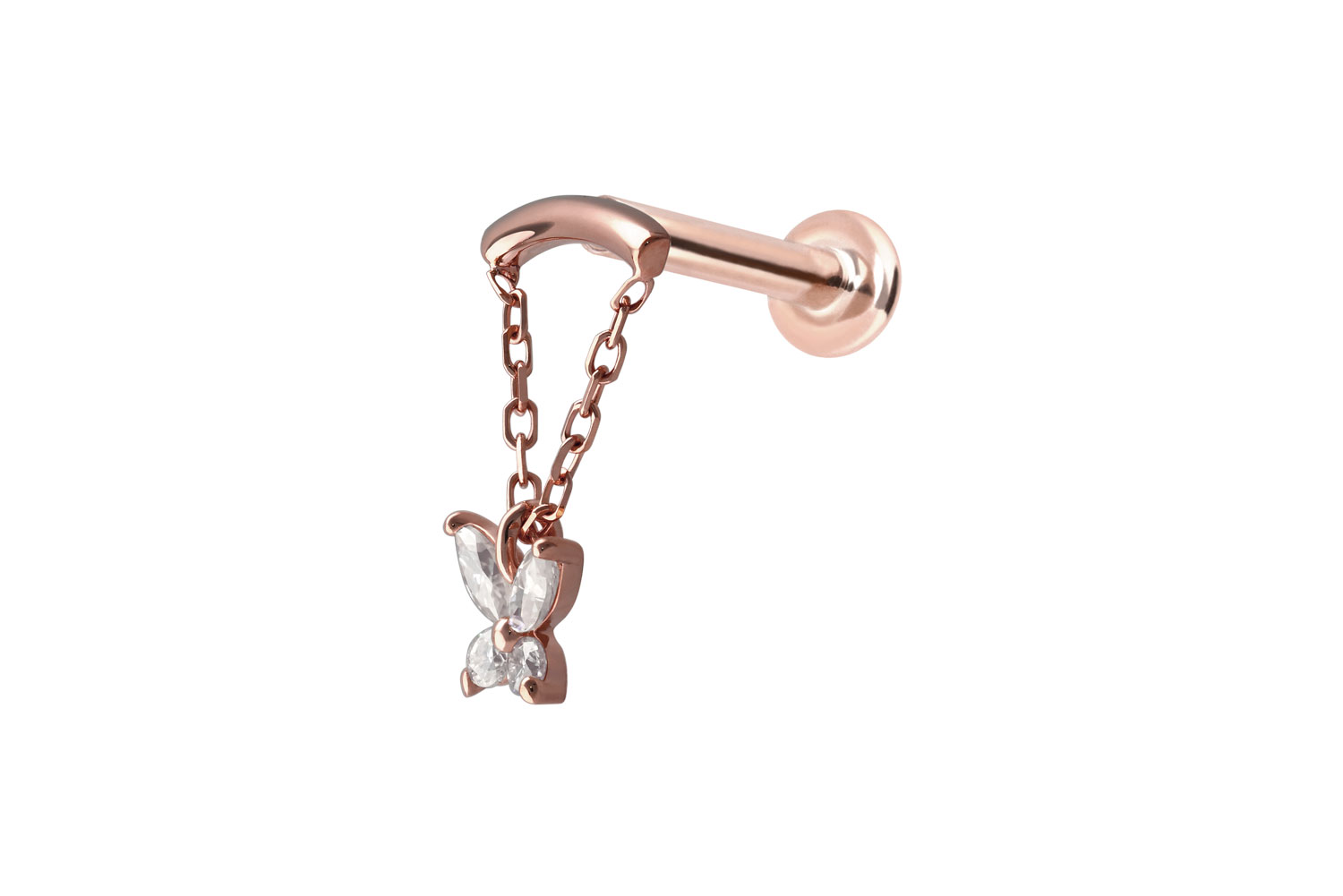 14 Karat Gold Labret Piercing mit Innengewinde MOISSANIT-SCHMETTERLING + BOGEN + KETTE